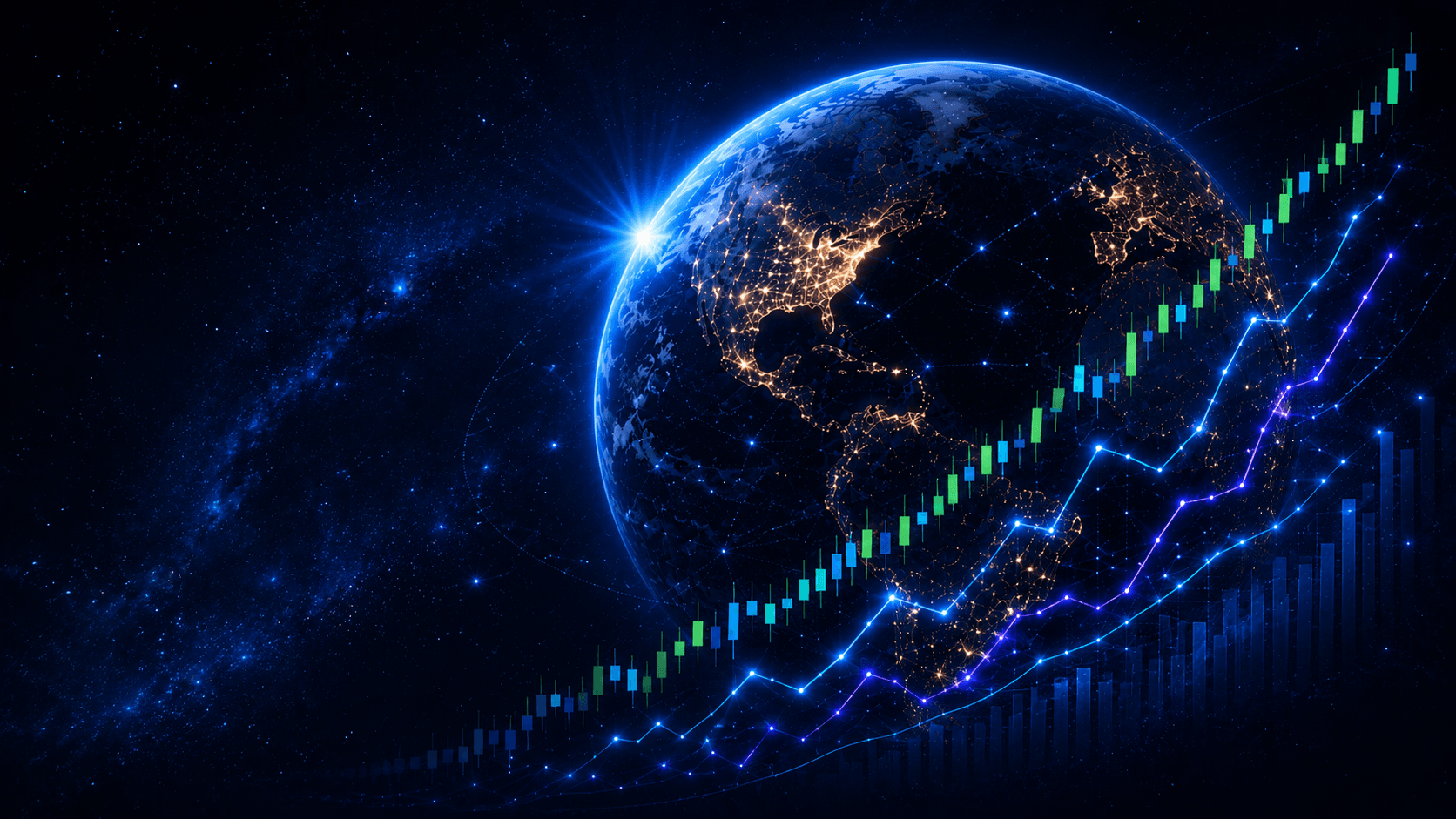 Glowing Earth with market intelligence HUD panels